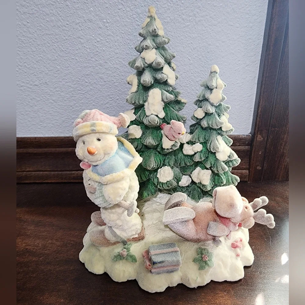 Vintage Flocked Felt Christmas Figurine Decoration Snowman w/ Moose BIRD